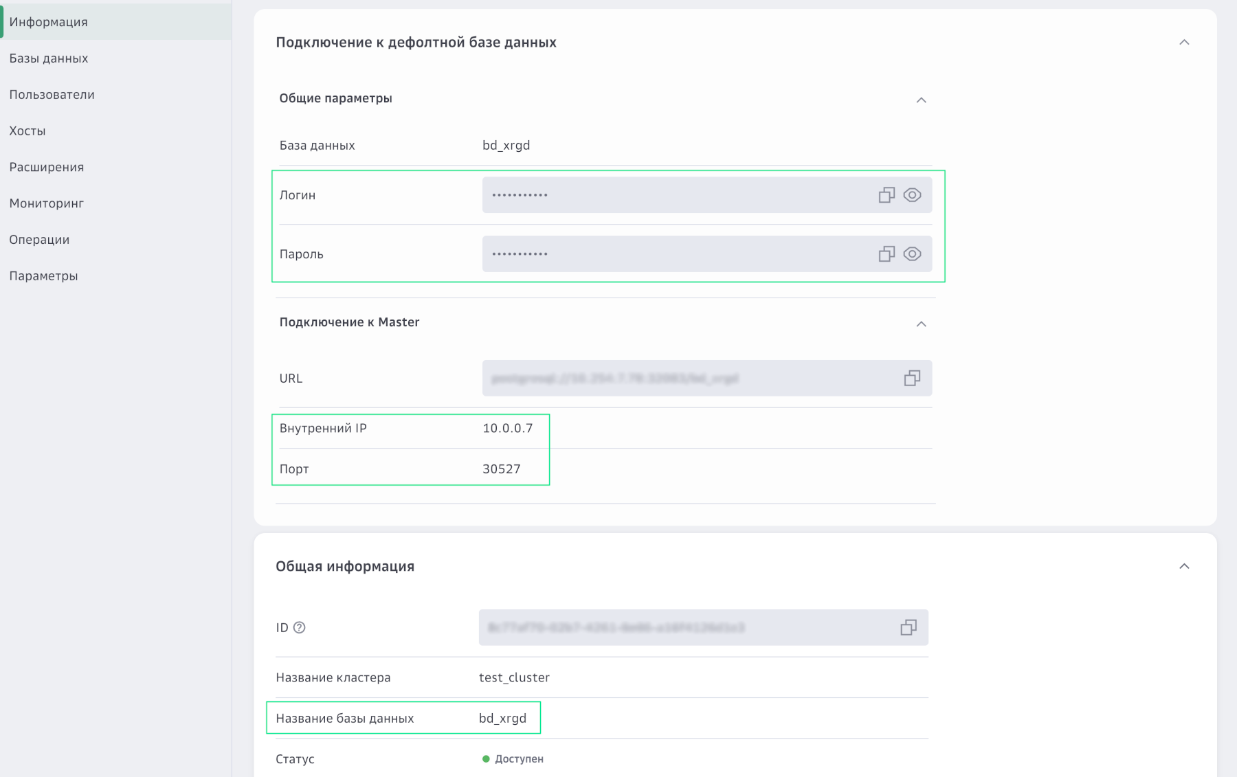 "Данные для подключения" и "Общая информация" на странице информации кластера