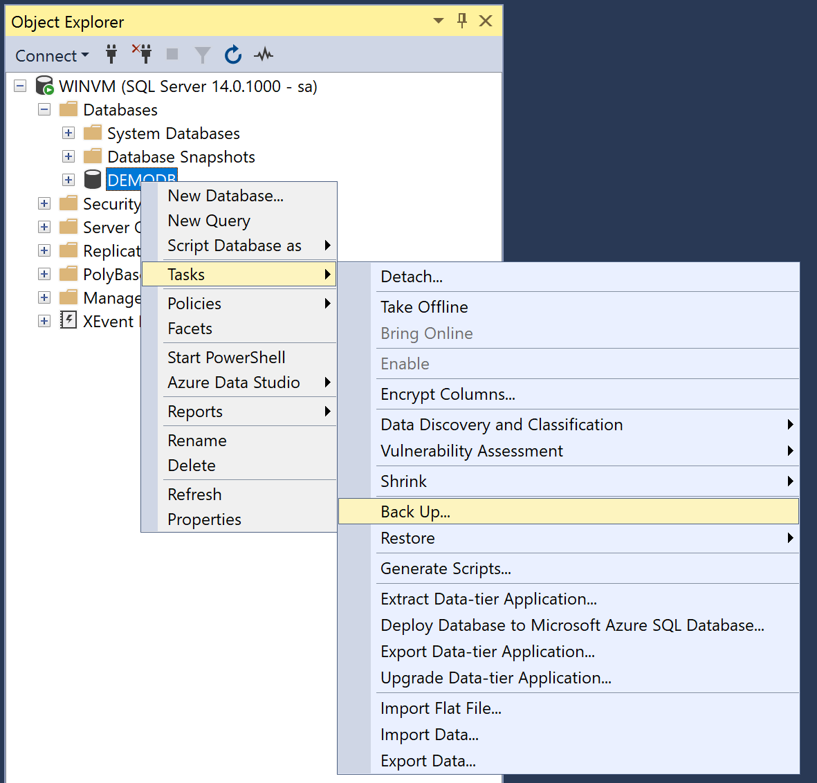 Создать полный бэкап базы данных MS SQL